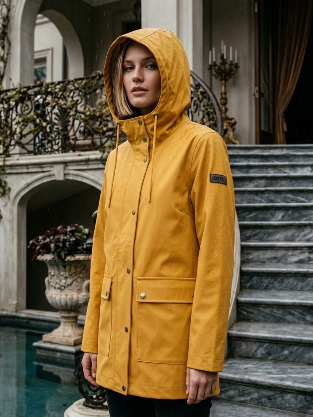 DKNY Yellow Nautical Waterproof Hooded Rain Jacket Coat - DL5MPW27 - Medium